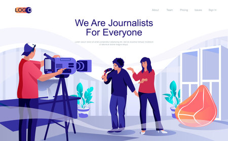 Journalists concept isometric landing page. People recording reportage and news on camera in studio,...