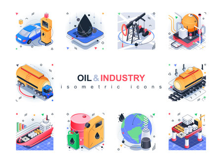 Oil industry isometric icons set. Extraction and transportation of oil, gas and gasoline, filling...