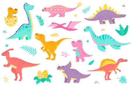Cute dinosaurs isolated objects set. Collection of different types of colorful dinosaurs, dino baby in egg. Funny prehistoric jurassic reptiles. Illustration of design elements in flat cartoonの写真素材