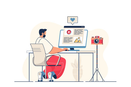 Blogging concept for web banner. Man blogger writes article and publishes new post in blog for...