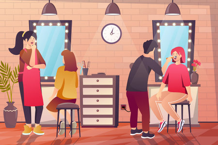 Beauty salon interior concept in flat cartoon design. Beautician makes makeup to female client, hairdresser selects haircut and hair styling for woman. Vector illustration with people scene backgroundのイラスト素材