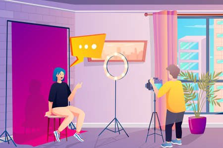 Bloggers room interior concept in flat cartoon design. Woman blogger recording video content with man video operator in professional creative studio. Vector illustration with people scene backgroundのイラスト素材