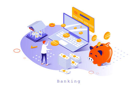 Banking concept in 3d isometric design. Customer using digital wallet and personal financial account, making transactions and paying, web template with people scene. Vector illustration for webpageのイラスト素材