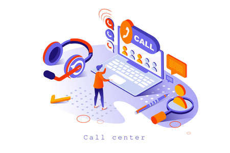 Call center concept in 3d isometric design. Operator responds to customer calls and messages, technical support and problem solving, web template with people scene. Vector illustration for webpageのイラスト素材