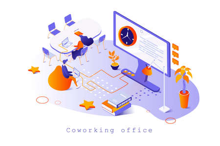 Coworking office concept in 3d isometric design. Colleagues work on laptops in open space, collaboration, communication and teamwork, web template with people scene. Vector illustration for webpageのイラスト素材