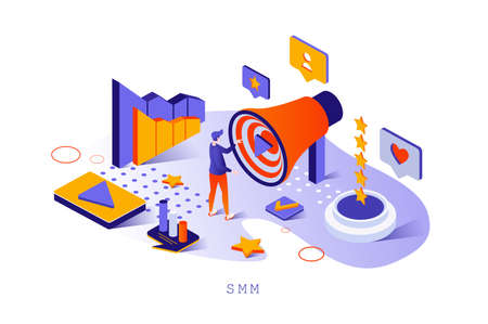 SMM concept in 3d isometric design. Online advertising, business promotion and attraction of new customers, social media marketing web template with people scene. Vector illustration for webpageのイラスト素材