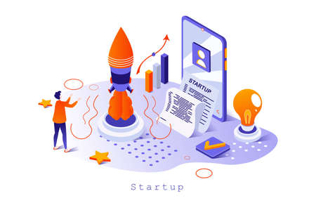 Startup concept in 3d isometric design. Businessman creates and launches new business, planning, management and investment attraction, web template with people scene. Vector illustration for webpageのイラスト素材