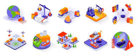 Oil and Industry concept isometric 3d icons set. Global oil trading, storage and distribution...