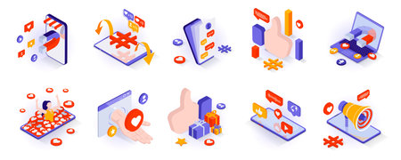 Social media concept isometric 3d icons set. Online communication and chats, attracting followers and blogging, promotion and digital marketing, isometry isolated collection. Vector illustrationのイラスト素材
