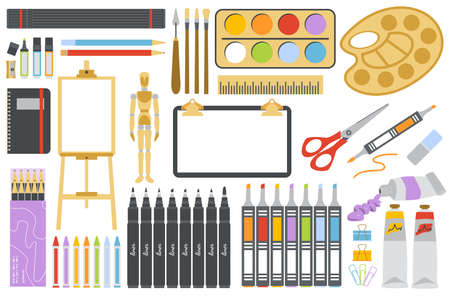 Artist drawing tools set in flat cartoon design. Painter instruments isolated elements. Easel, canvas, pencils, paints, markers, palette, scissors, notepad stationery and others. Vector illustrationのイラスト素材