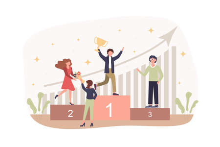 Business award ceremony modern flat concept. Team of businesspersons wins and receives gold cup and prizes. Goal achievement and Motivation. Vector illustration with people scene for web banner designのイラスト素材