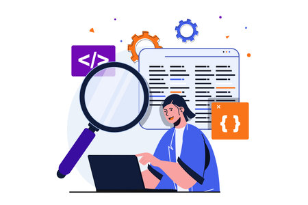 App development modern flat concept for web banner design. Female developer does marketing research, works with code and scripts, settings and optimizes. Vector illustration with isolated people sceneのイラスト素材