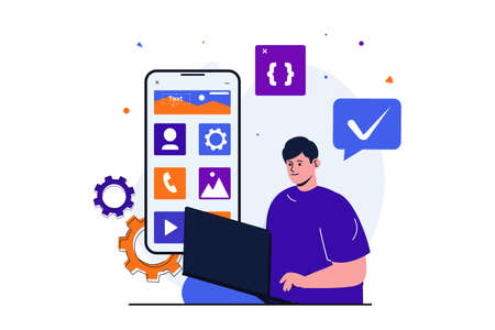 App development modern flat concept for web banner design. Male designer works on laptop, develops usability program interface and places menu buttons. Vector illustration with isolated people sceneのイラスト素材