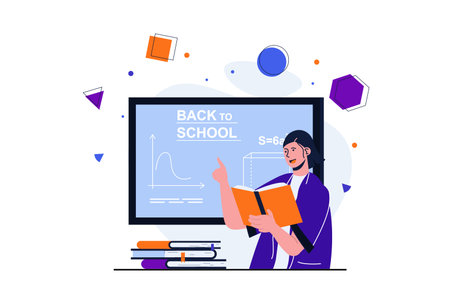 Back to school modern flat concept for web banner design. Happy female student reading book at blackboard and answering exam. Training and education. Vector illustration with isolated people sceneのイラスト素材