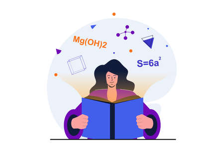 Back to school modern flat concept for web banner design. Schoolgirl reading chemistry textbook and learns new formulas. Student preparing for exams. Vector illustration with isolated people sceneのイラスト素材