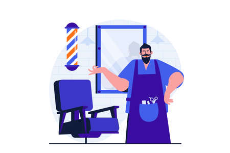 Barbershop modern flat concept for web banner design. Male barber in apron with working tools stands next to mirror and armchair for client in studio. Vector illustration with isolated people sceneのイラスト素材