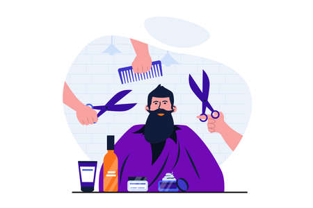 Barbershop modern flat concept for web banner design. Male client sits in chair and receives cutting hair, styling and beard care treatments in studio. Vector illustration with isolated people sceneのイラスト素材
