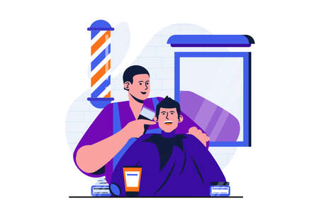 Barbershop modern flat concept for web banner design. Professional barber doing short haircut and styling to happy male client in studio with mirror. Vector illustration with isolated people sceneのイラスト素材