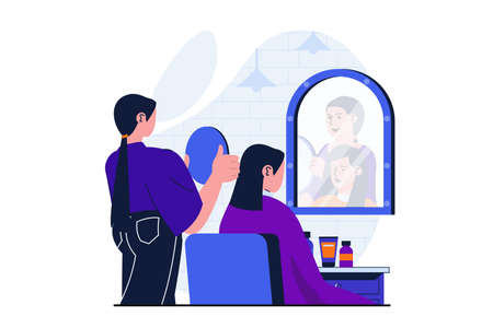 Beauty salon modern flat concept for web banner design. Woman hairdresser holds small mirror and shows female client back view of haircut in studio. Vector illustration with isolated people sceneのイラスト素材