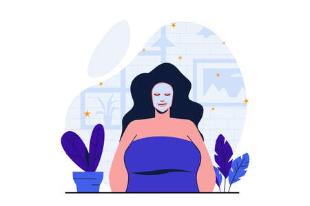 Beauty salon modern flat concept for web banner design. Woman client relax with moisturizing face mask while sitting in armchair in cosmetology studio. Vector illustration with isolated people sceneのイラスト素材
