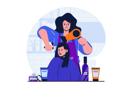 Beauty salon modern flat concept for web banner design. Hairdresser dries hair with hairdryer to client and does styling. Woman gets haircut in studio. Vector illustration with isolated people sceneのイラスト素材
