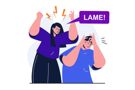 Bullying modern flat concept for web banner design. Aggressive woman screaming and insulting suffering man. Emotional pressure and violence in couple. Vector illustration with isolated people sceneのイラスト素材