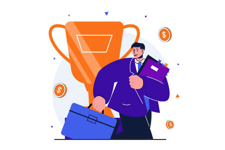 Business award modern flat concept for web banner design. Businessman gets golden cup, increases income and invests money, develops new projects. Vector illustration with isolated people sceneのイラスト素材