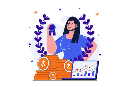 Business award modern flat concept for web banner design. Businesswoman receives a medal for career achievement. Woman entrepreneur achieves goals. Vector illustration with isolated people sceneのイラスト素材