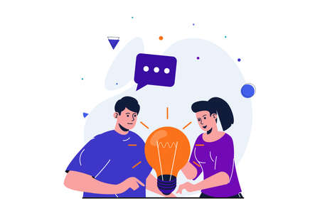 Business startup modern flat concept for web banner design. Businessman and businesswoman brainstorming and developing new idea, collaborating as team. Vector illustration with isolated people sceneのイラスト素材