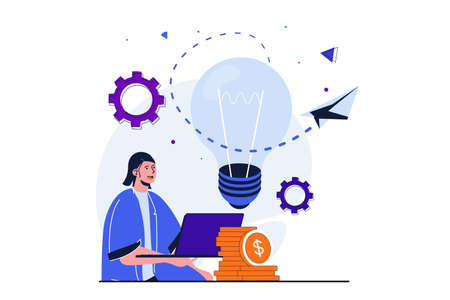 Business startup modern flat concept for web banner design. Woman creates new ideas for starting project, attracts investments and develops strategy. Vector illustration with isolated people sceneのイラスト素材