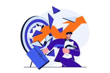 Business target modern flat concept for web banner design. Businessman with briefcase and documents rush to work, growth arrow breaks through dartboard. Vector illustration with isolated people sceneのイラスト素材