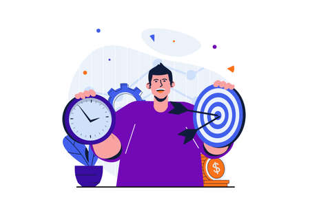 Business target modern flat concept for web banner design. Businessman holding target and clock. Time management, work deadlines and achieving goals. Vector illustration with isolated people sceneのイラスト素材