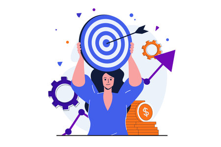 Business target modern flat concept for web banner design. Businesswoman holds dartboard with arrow. Financial success, goals achievement and leadership. Vector illustration with isolated people sceneのイラスト素材