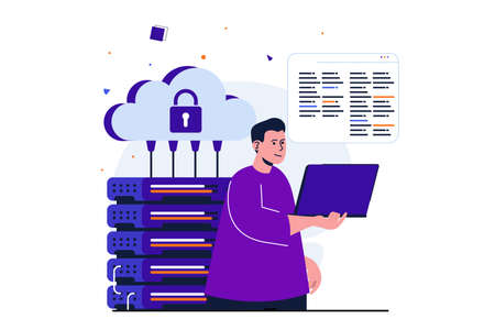 Cloud computing modern flat concept for web banner design. Engineer works in server room, maintenance hardware and ensures stable operation of system. Vector illustration with isolated people sceneのイラスト素材