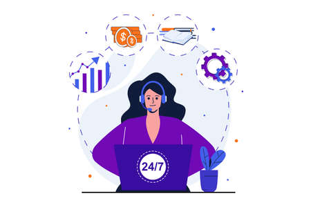 Customer service modern flat concept for web banner design. Woman analyzes data and advises clients around clock on hotline. Financial consultant. Vector illustration with isolated people sceneのイラスト素材