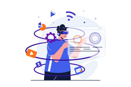 Cyberspace modern flat concept for web banner design. Man in VR glasses explores augmented reality on simulated dashboard. Cyber technology education. Vector illustration with isolated people sceneのイラスト素材