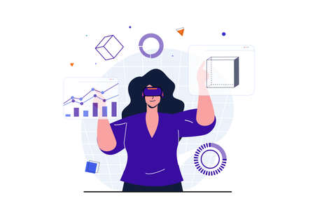 Cyberspace modern flat concept for web banner design. Woman in VR glasses interacts data graphs and doing scientific research in simulated dashboard. Vector illustration with isolated people sceneのイラスト素材