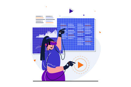 Cyberspace modern flat concept for web banner design. Woman in VR glasses and gloves working and programming at simulated dashboard in virtual reality. Vector illustration with isolated people sceneのイラスト素材
