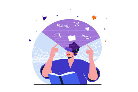 Cyberspace modern flat concept for web banner design. Man in VR glasses studying book and gaining knowledge in augmented virtual reality simulation. Vector illustration with isolated people sceneのイラスト素材