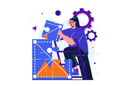 Designer studio modern flat concept for web banner design. Woman developer works on creative project, assembles image puzzle and develops visual product. Vector illustration with isolated people sceneのイラスト素材