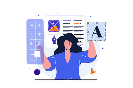 Designer studio modern flat concept for web banner design. Female developer works on layout of site, selects and places graphic elements, creates fonts. Vector illustration with isolated people sceneのイラスト素材