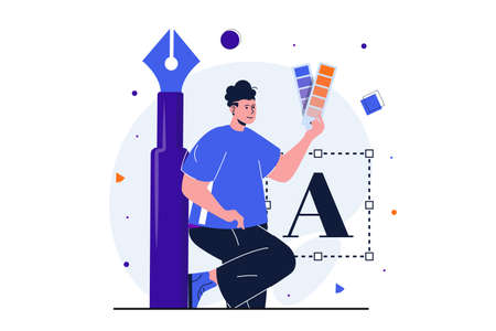 Designer studio modern flat concept for web banner design. Man illustrator stands near artist working tools, draws with pen and chooses colors palette. Vector illustration with isolated people sceneのイラスト素材