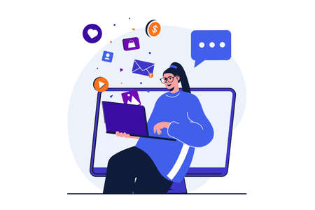 Digital marketing modern flat concept for web banner design. Woman marketer working online on laptop and posting promotional content on social media. Vector illustration with isolated people sceneのイラスト素材