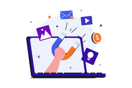 Digital marketing modern flat concept for web banner design. Advertising campaigns to attract new customers, promotional mailings and viral content. Vector illustration with isolated people sceneのイラスト素材