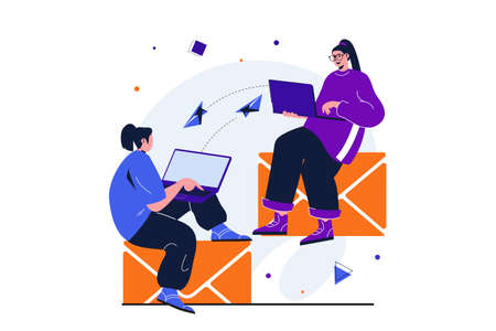 Email service modern flat concept for web banner design. Women chatting and communicates online by sending digital letters to each other using laptops. Vector illustration with isolated people sceneのイラスト素材