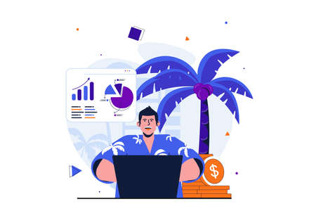 Freelance working modern flat concept for web banner design. Manager analyzes data and statistics from laptop while working online from tropical island. Vector illustration with isolated people sceneのイラスト素材