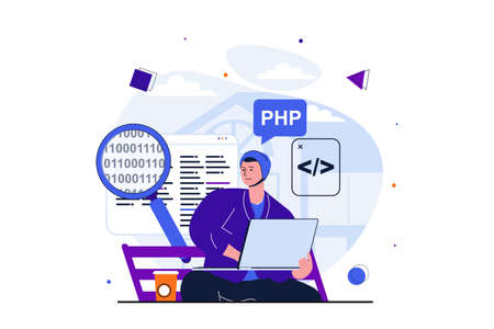 Freelance working modern flat concept for web banner design. Male developer programs and codes using laptop and sitting on park bench, working remotely. Vector illustration with isolated people sceneのイラスト素材