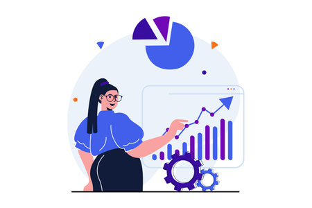 Marketing modern flat concept for web banner design. Woman marketer analyzes data of advertising campaign and ctreates business development strategy. Vector illustration with isolated people sceneのイラスト素材
