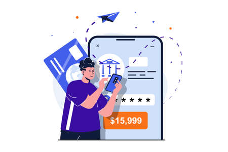 Mobile banking modern flat concept for web banner design. Man client sends money and confirms secure transaction with secret password using smartphone. Vector illustration with isolated people sceneのイラスト素材