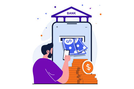 Mobile banking modern flat concept for web banner design. Man pays bills with cash and checks transfer using app. financial transactions management. Vector illustration with isolated people sceneのイラスト素材
